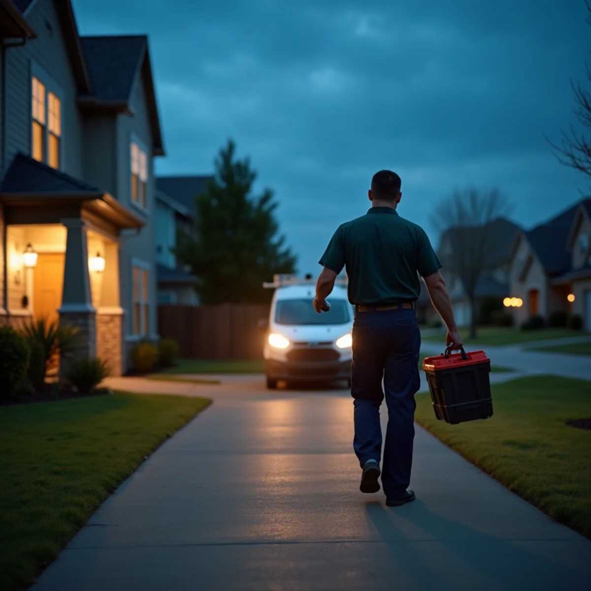 Emergency plumber van responding to a call in Euless TX at night