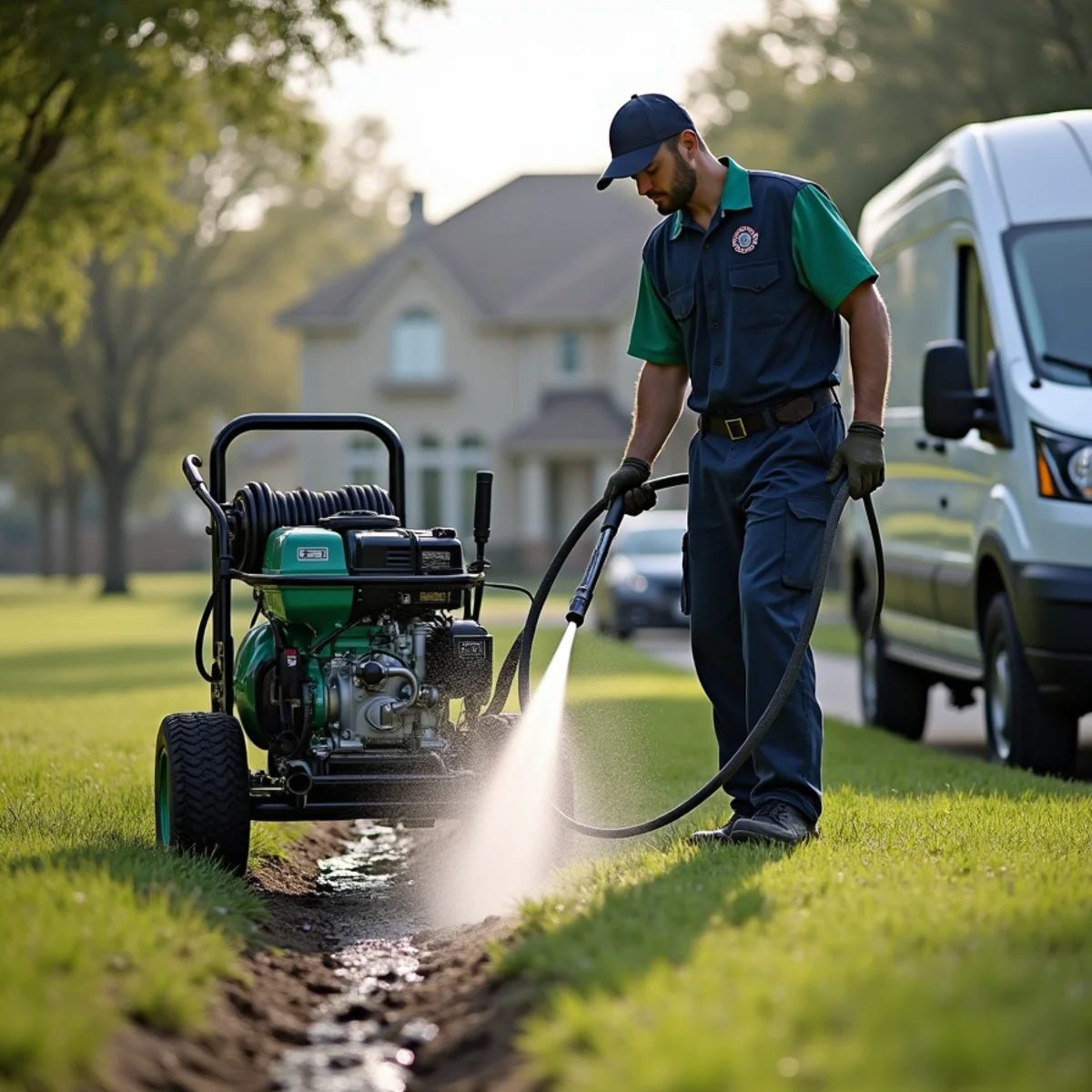 Hydro jetting equipment cleaning a sewer line in Euless TX
