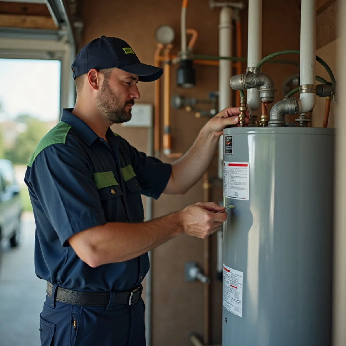 Homeowner checking a gas water heater pilot light in a Euless TX garage