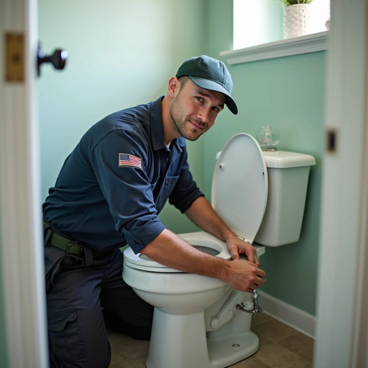 Plumber repairing a running toilet flapper in a Euless TX bathroom