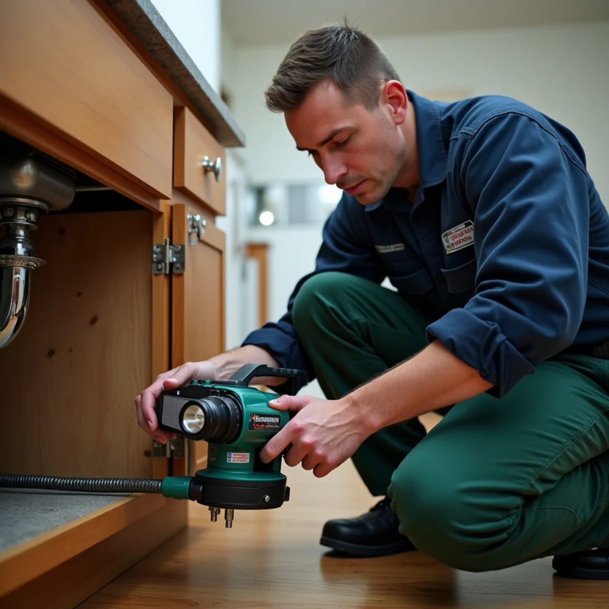 Plumber clearing a clogged kitchen drain in a Euless TX home
