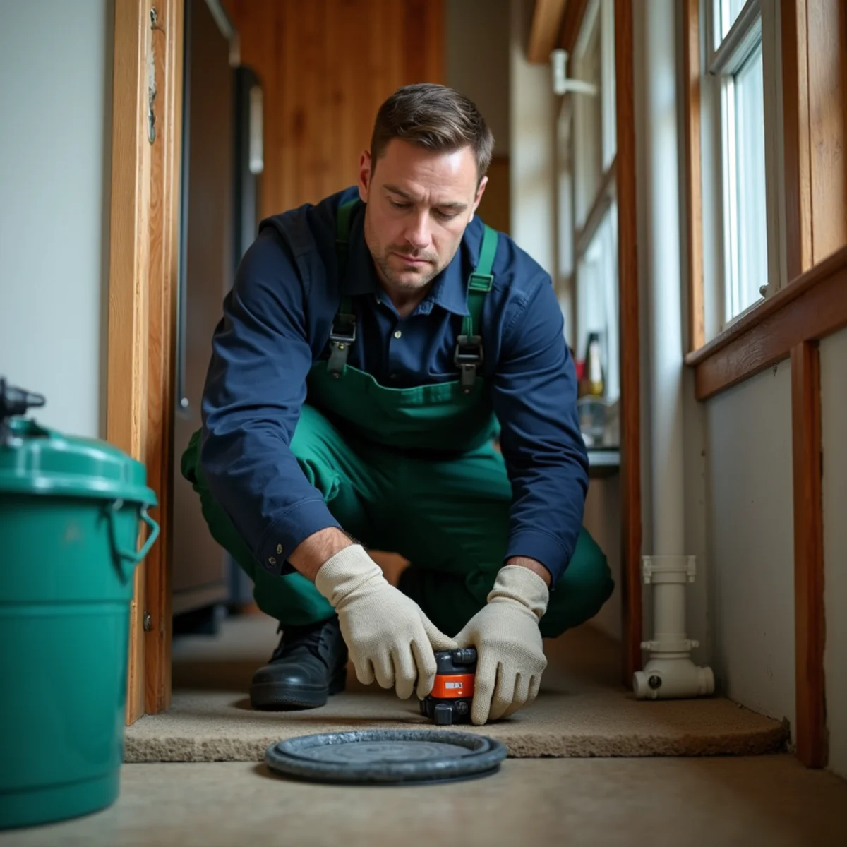 Plumber cleaning up a sewage backup in a Euless TX home