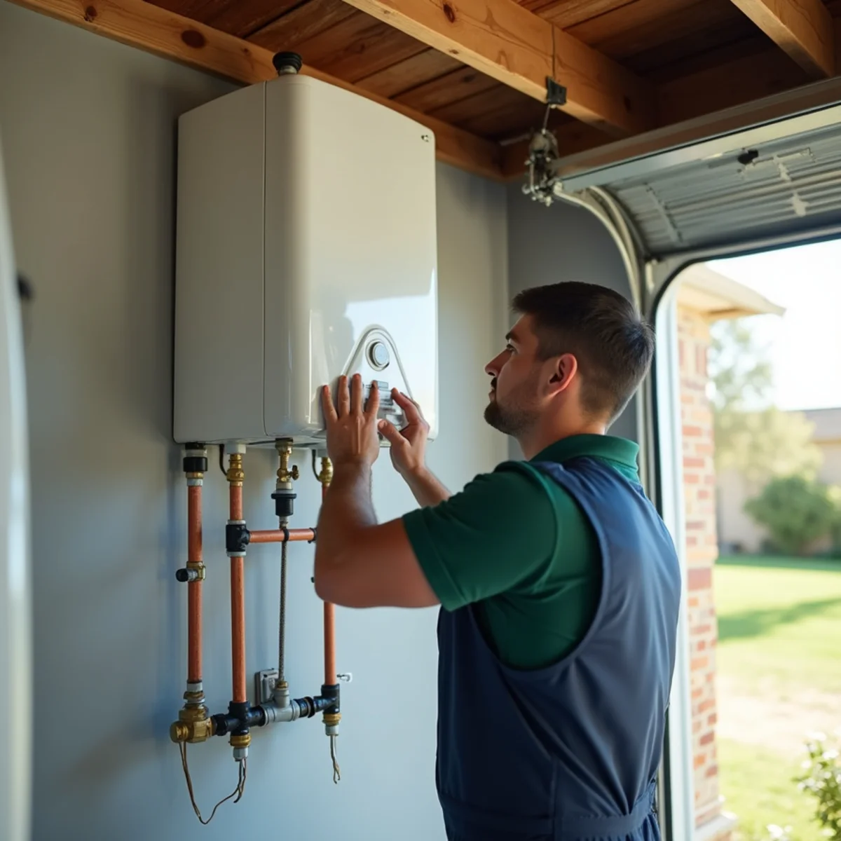 Wall-mounted tankless water heater installed in a Euless TX home