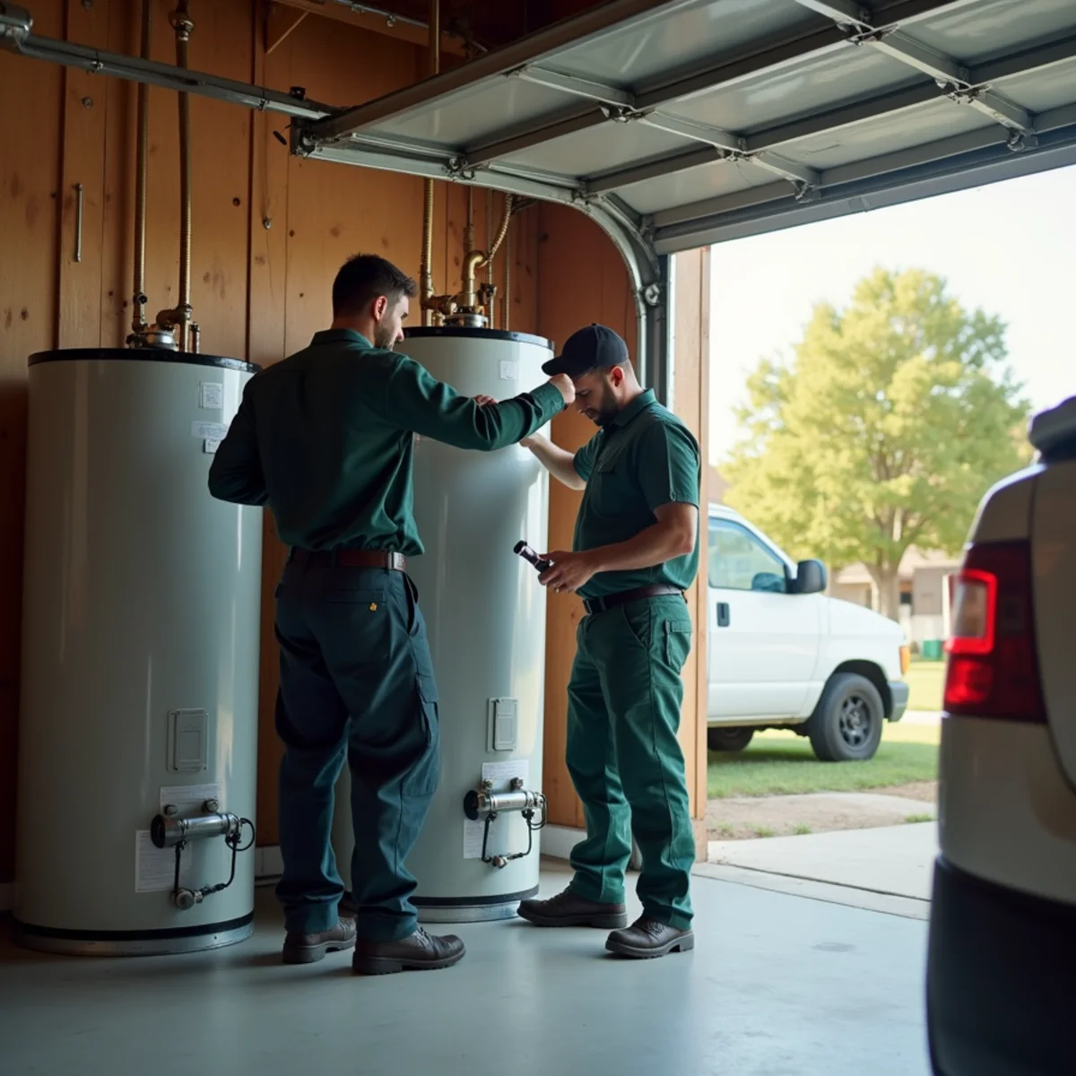 Technician repairing a gas water heater in a Euless TX garage